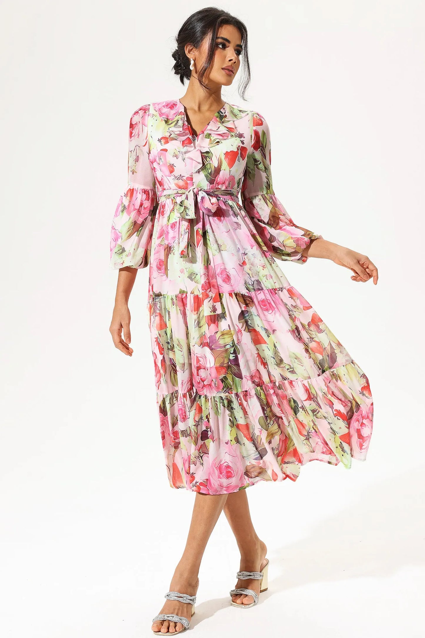 Long Sleeve V-neck Ruffle Maxi Dress