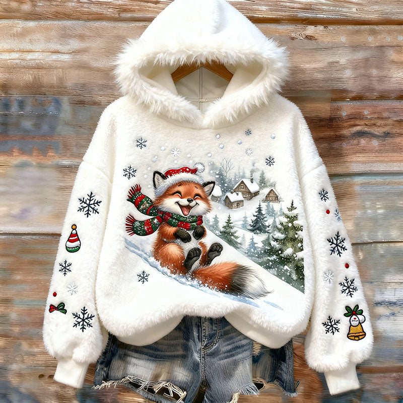 Vintage Christmas Happy Fox Art Women's Cozy Plush Sweater Hoodie