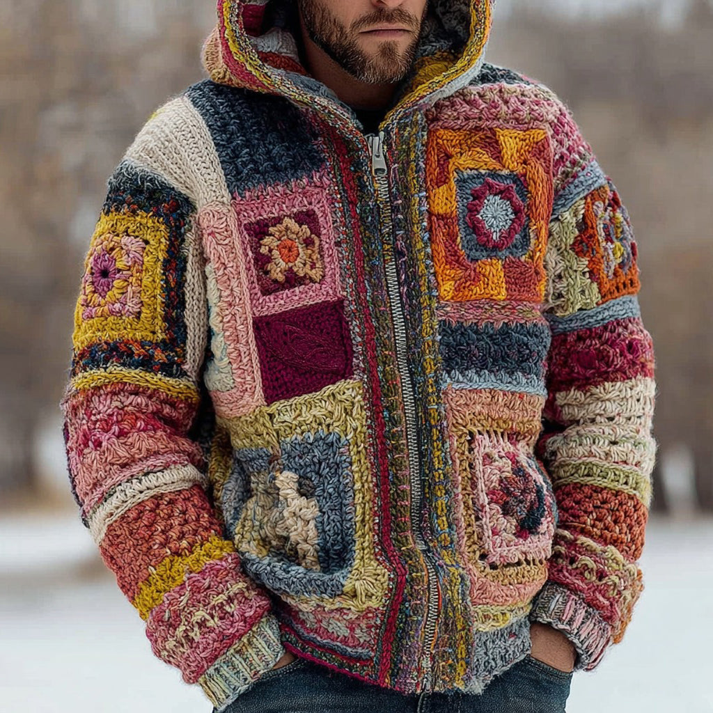 Men's Fair Isle Geometric Crochet Jacquard Warm Zip-up Hooded Sweater artswardrobe
