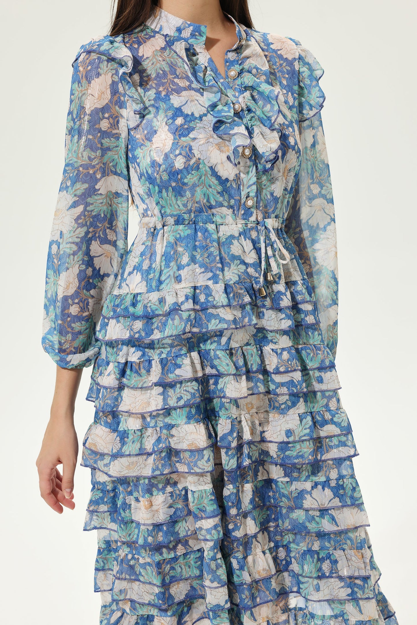 Printed Long Sleeve Layered Ruffle Hem Lace Up Midi Dress