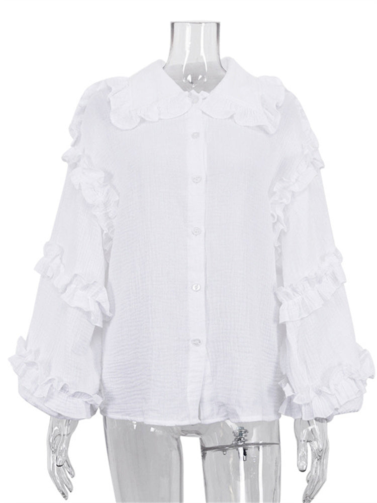 Tossy White Ruffled Shirts for Patchwork Cardigan Lapel Long Sleeve Outwear Slim Shirts New