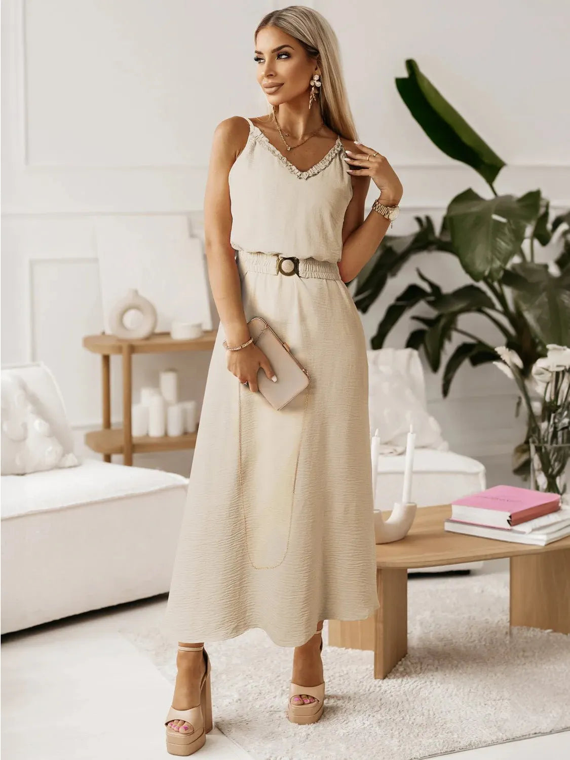 Dress Ruffles V-neck Belted Sleeveless Summer Maxi Dresses