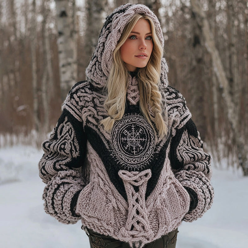 Women's Viking Celtic Knot Vegvisir Rune Knit Hooded Sweater artswardrobe