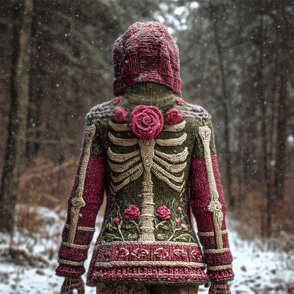 Vintage Floral & Skeleton Art Women's Knit Hooded Sweater artswardrobe