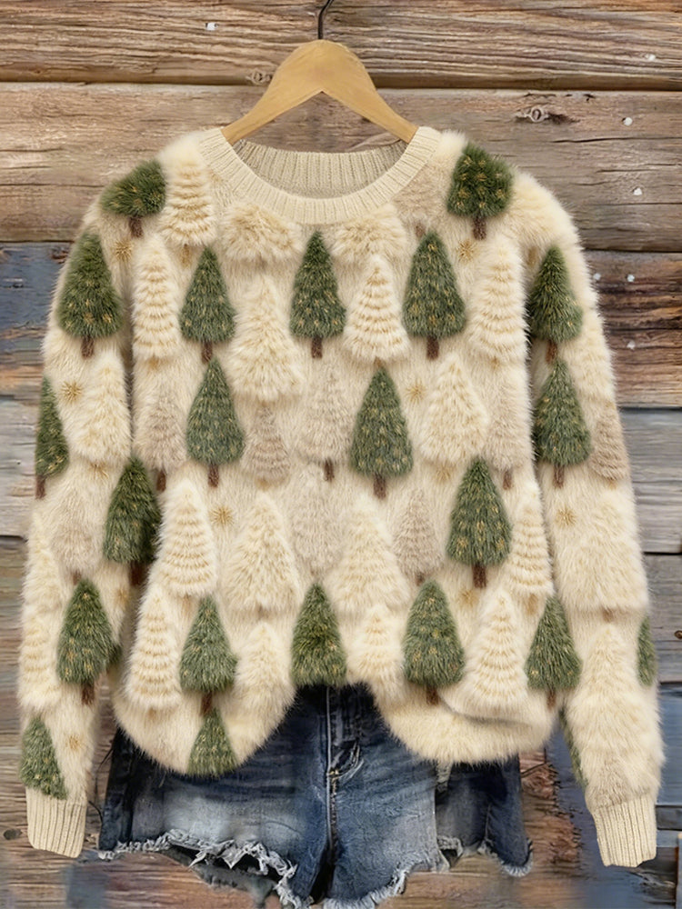 Vintage Christmas Trees Inspired Round Neck Plush Sweater
