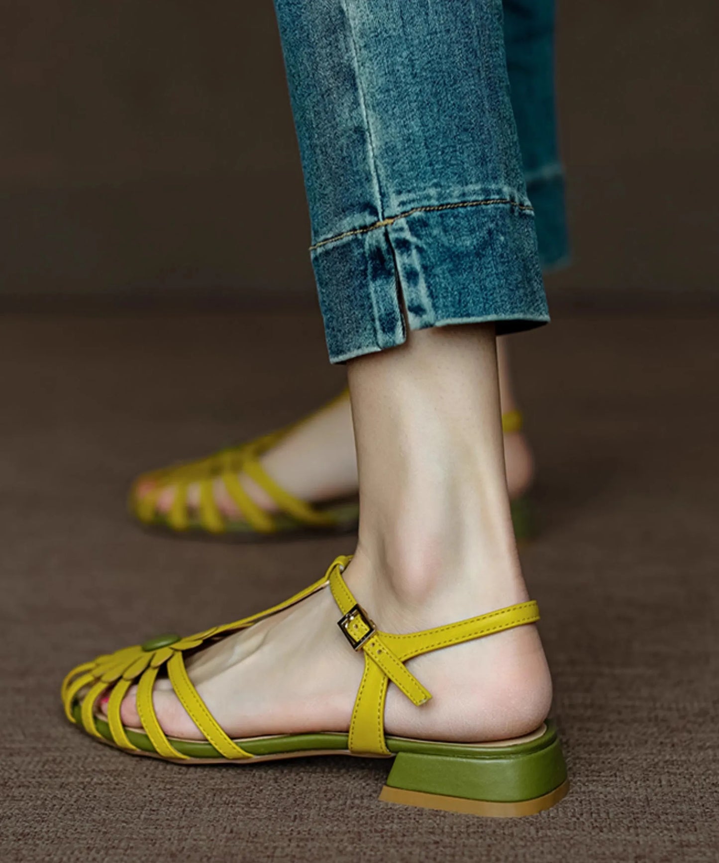 French Yellow Hollow Out Sandals Splicing Chunky Aa019