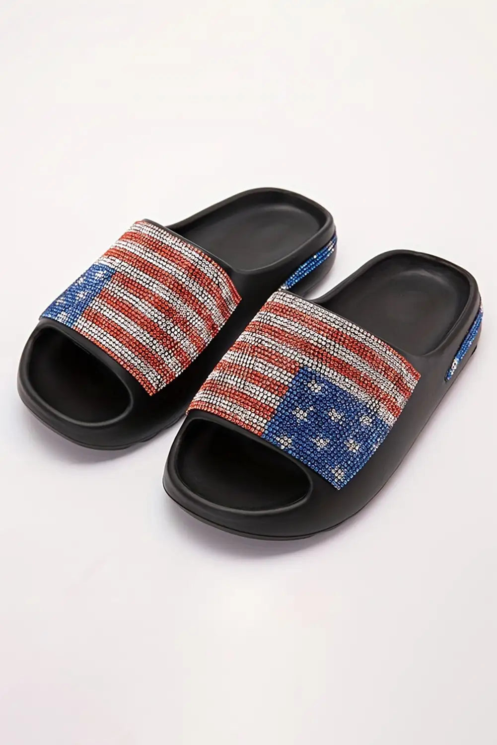 Glamorous Black Rhinestone American Flag Slippers