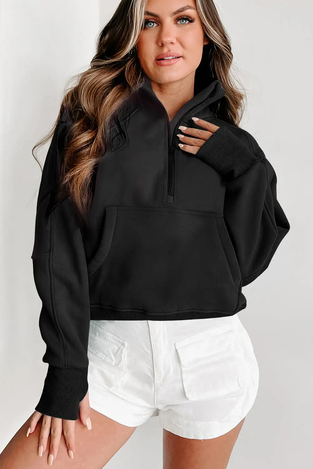 Black Stand Neck Zip Sweatshirt