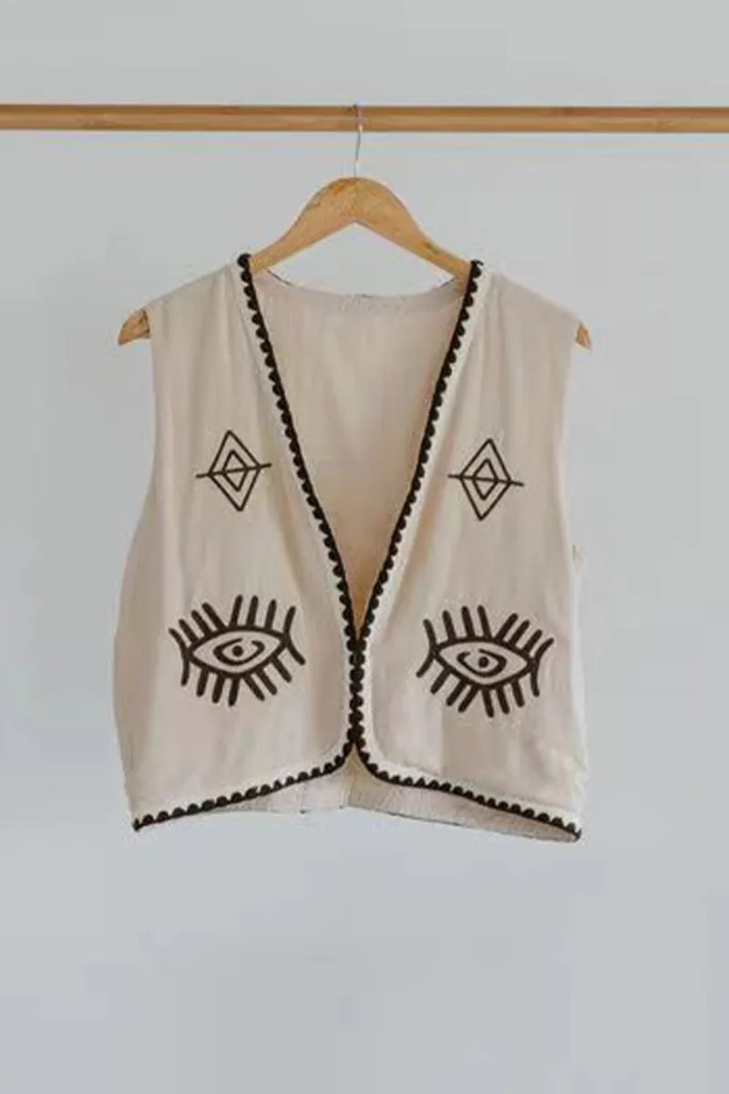 Colorblock Patchwork Embroidery Cardigan Collar Waistcoats