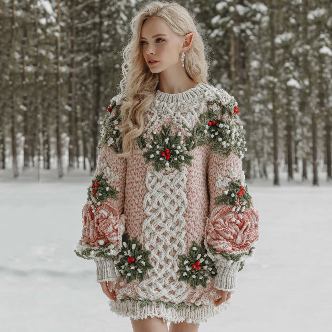 Women's Christmas Holly Berry Celtic Knot Midi Sweater Dress artswardrobe