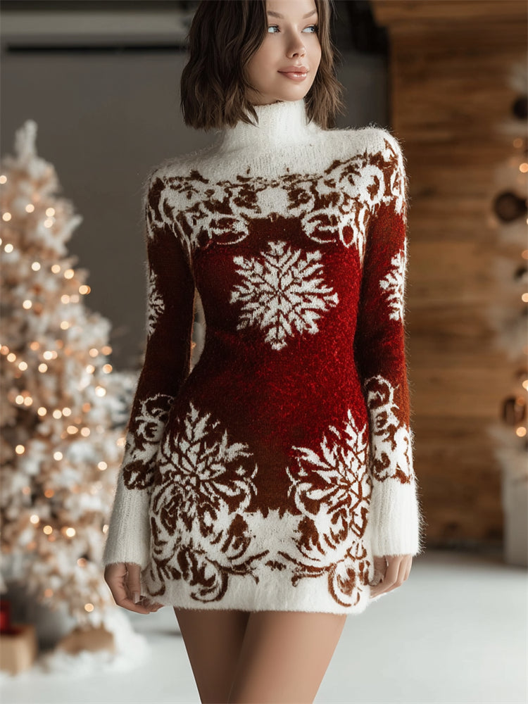 Classy Christmas Snowflakes Contrast Color Turtleneck Sweater Dress artswardrobe