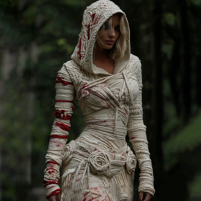 Women's Halloween Muscle Anatomy Bandage With Rose Art Cozy Knit Hooded Sweater Dress artswardrobe