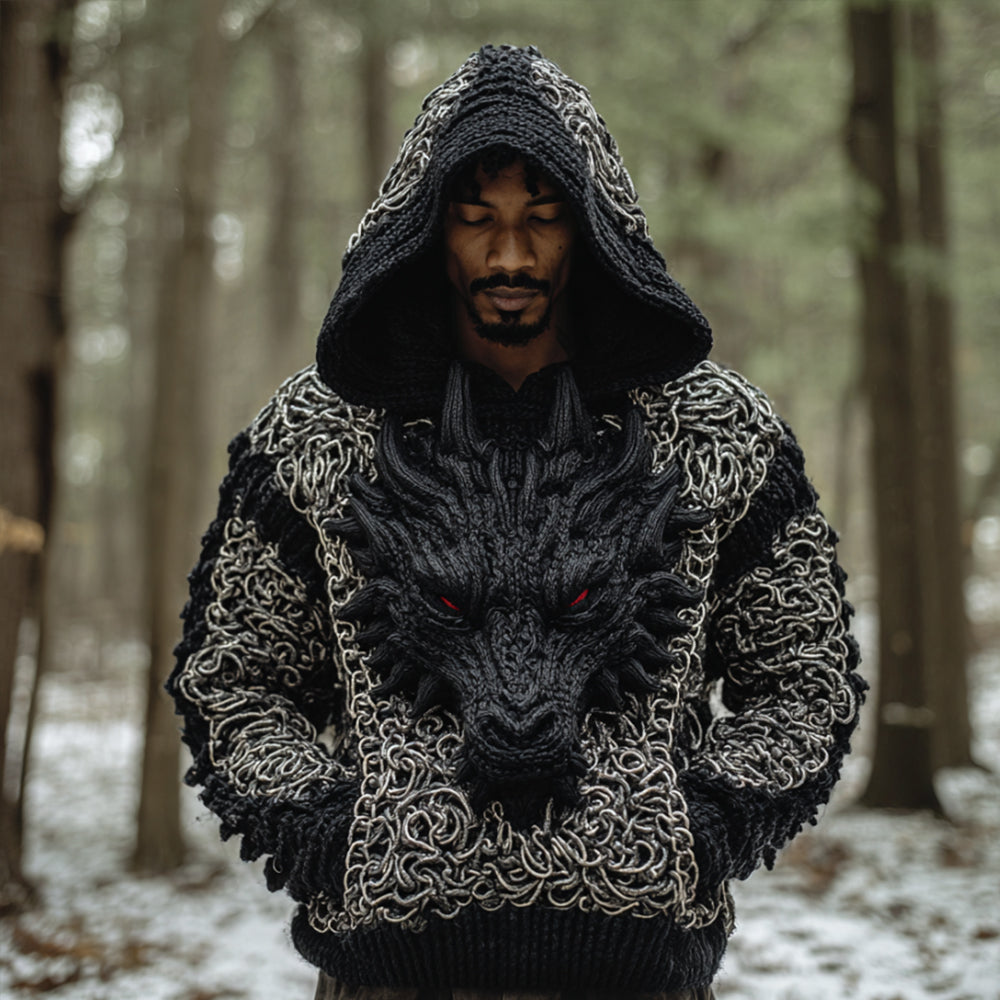 Men's Viking-style Chain-linked Dragon Embroidery Dark Ancient Hooded Sweater artswardrobe