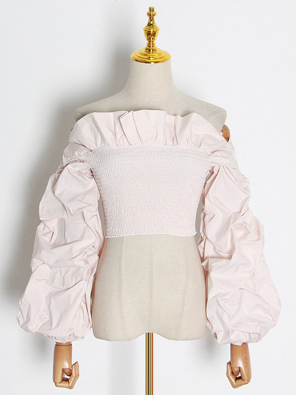 Long Sleeves Loose Elasticity Ruffle Trim Color Split-joint Off-the-shoulder Blouses&shirts Tops