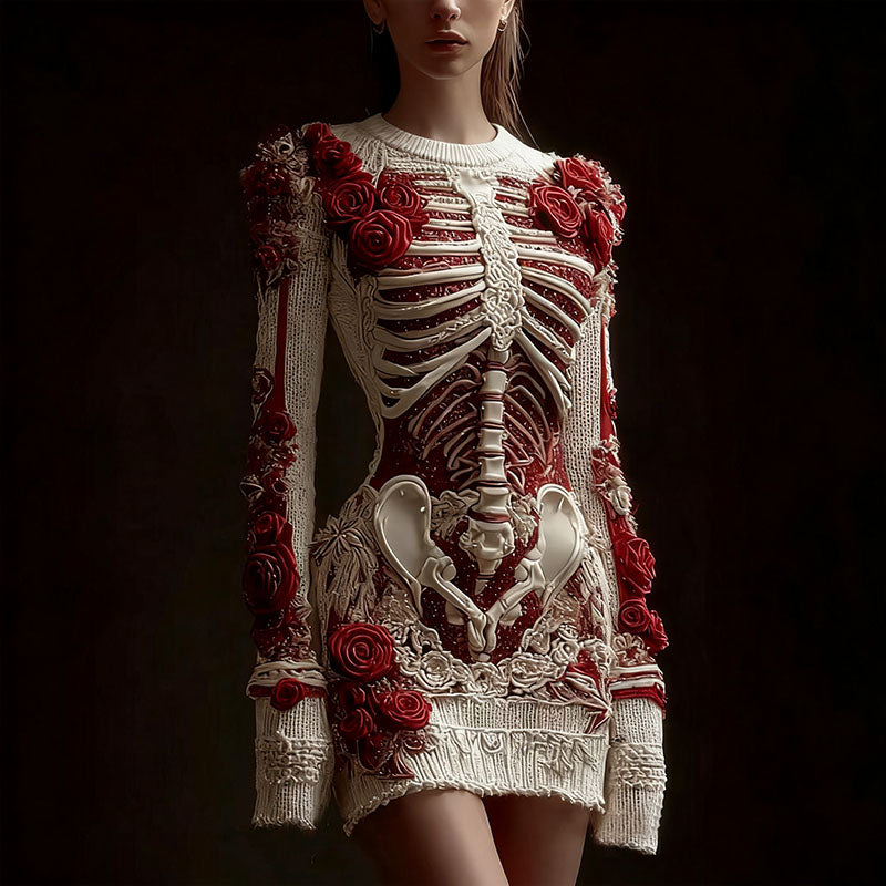 Women's Halloween Skeleton Bones With Rose Art Cozy Knit Mini Sweater Dress artswardrobe