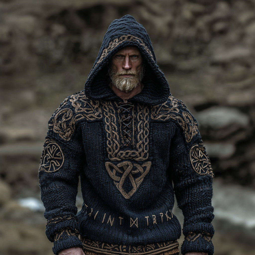 Men's Viking Celtic Knot Jacquard Art Hooded Cozy Sweater artswardrobe