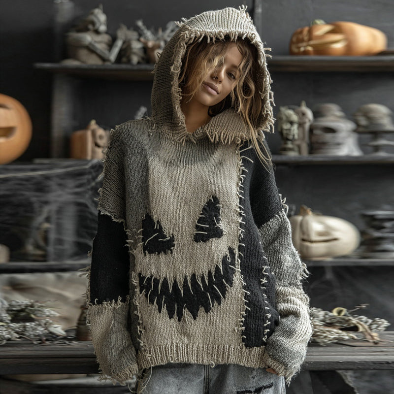 Halloween Spooky Face Contrast Stitched Hooded Sweater artswardrobe