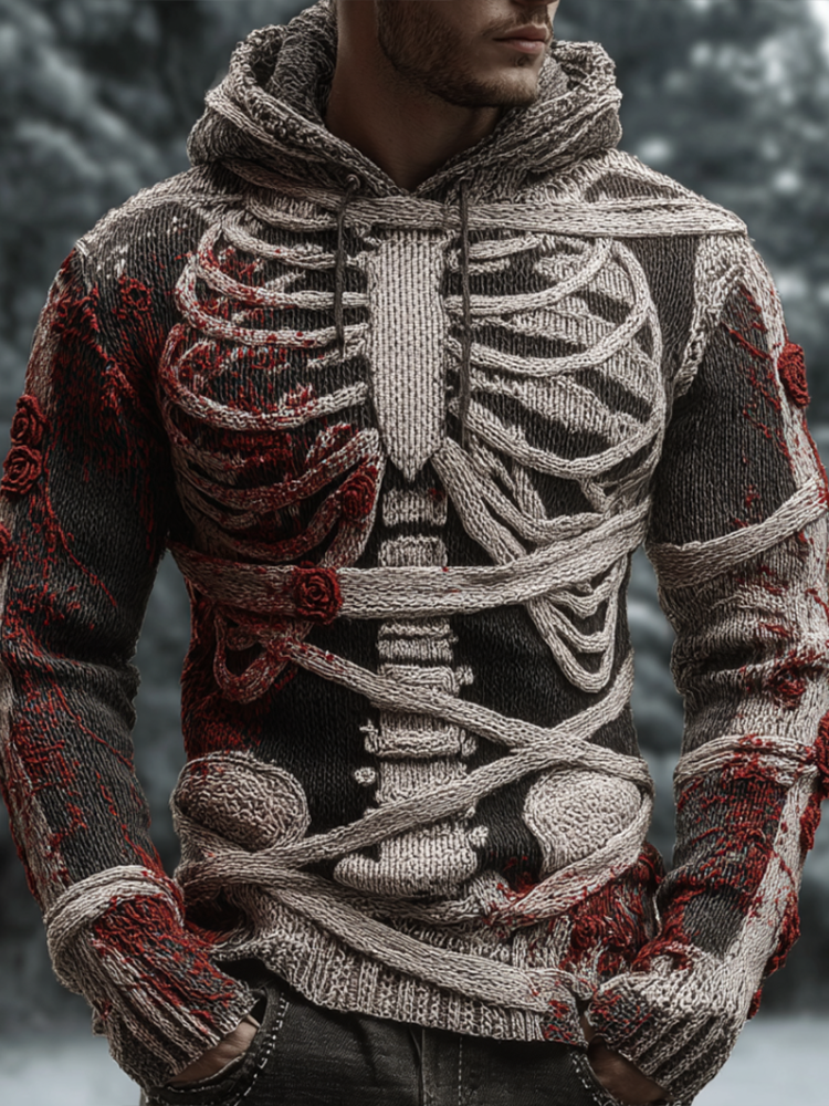 Halloween Line Design Retro Men's Knit Hooded Sweater artswardrobe