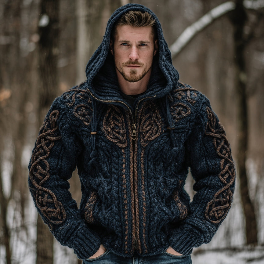 Men's Vintage Viking Celtic Knot Art Chunky Knit Hooded Zip-up Sweater artswardrobe