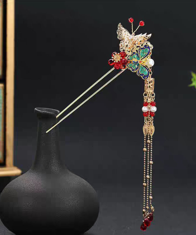 Chinese Style Copper Alloy Colored Glaze Butterfly Tassel a Pair Hairpin