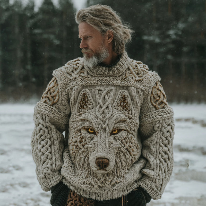 Men's Vintage Viking Celtic Knot Wolf Art Knit Pullover Sweater artswardrobe