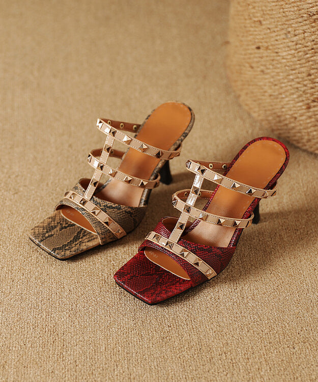 Wine Red Peep Toe High Heel Slippers Stylish Splicing Rivet Xc1023