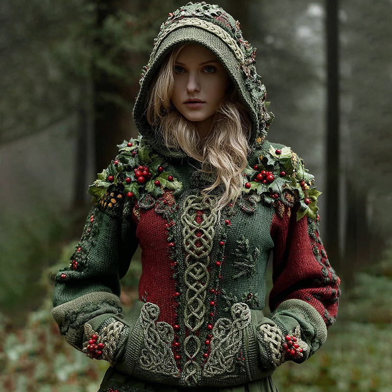 Women's Christmas Holly Leaf And Berry Celtic Knot Hooded Sweater artswardrobe