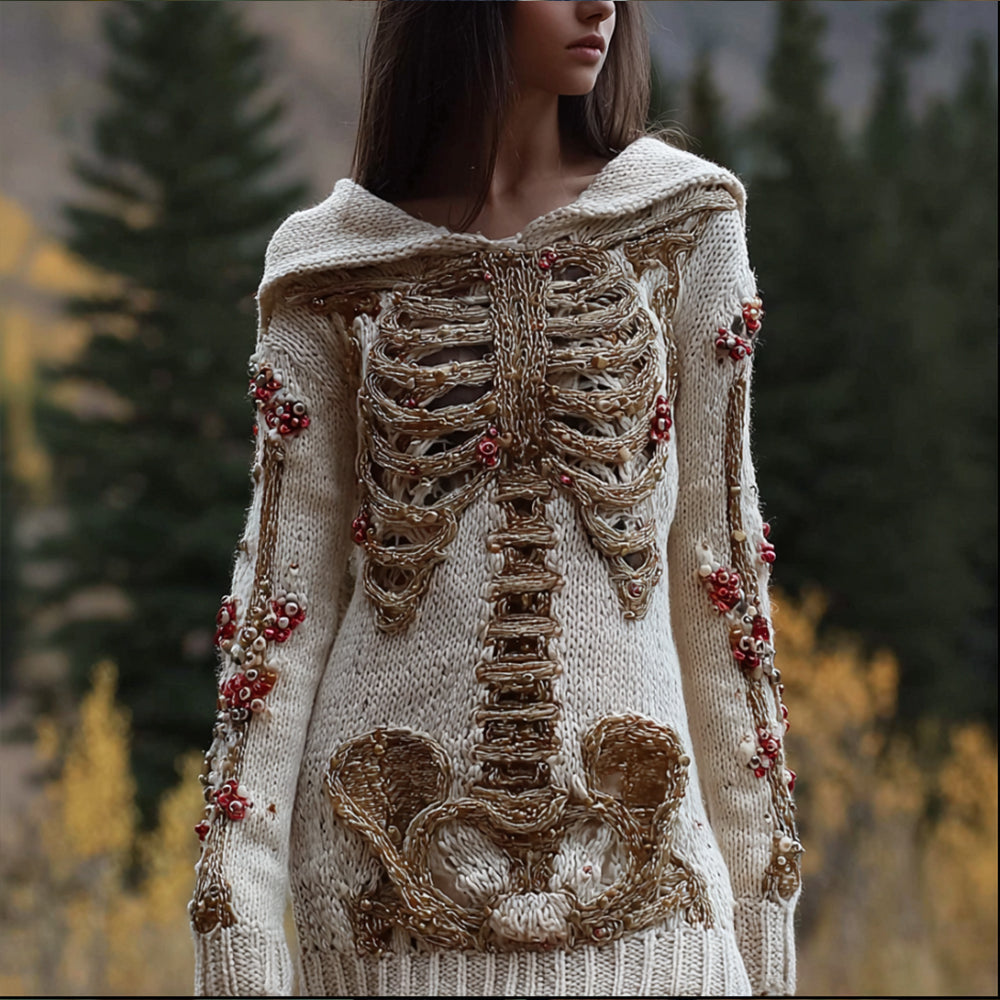 Women's Halloween Anatomy Art And Flower 3d Knitted Hoodie Sweater artswardrobe