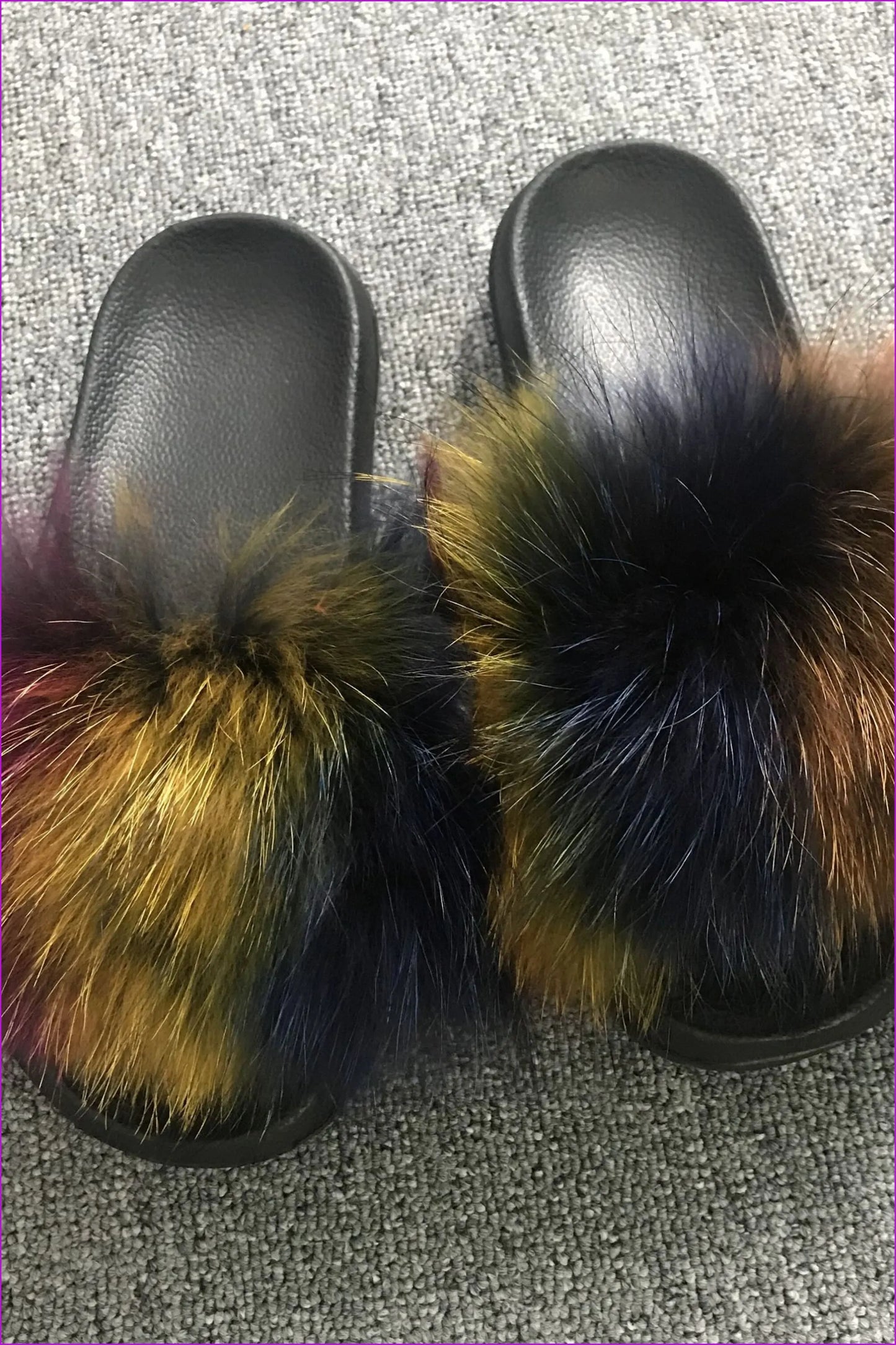 { Ready Stock } Mixed Colorful Raccoon Full-pelt Fur Sliders F013