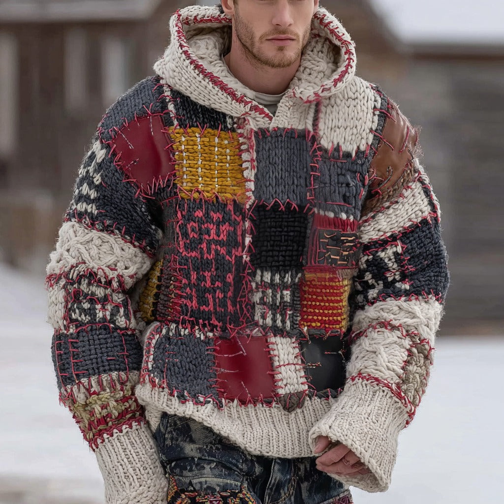 Men's Fair Isle Irregular Patch Knit Warm Hooded Sweater artswardrobe