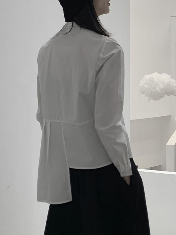 Long Sleeves Asymmetric Buttoned Pleated Color Round-neck Blouses&shirts Tops