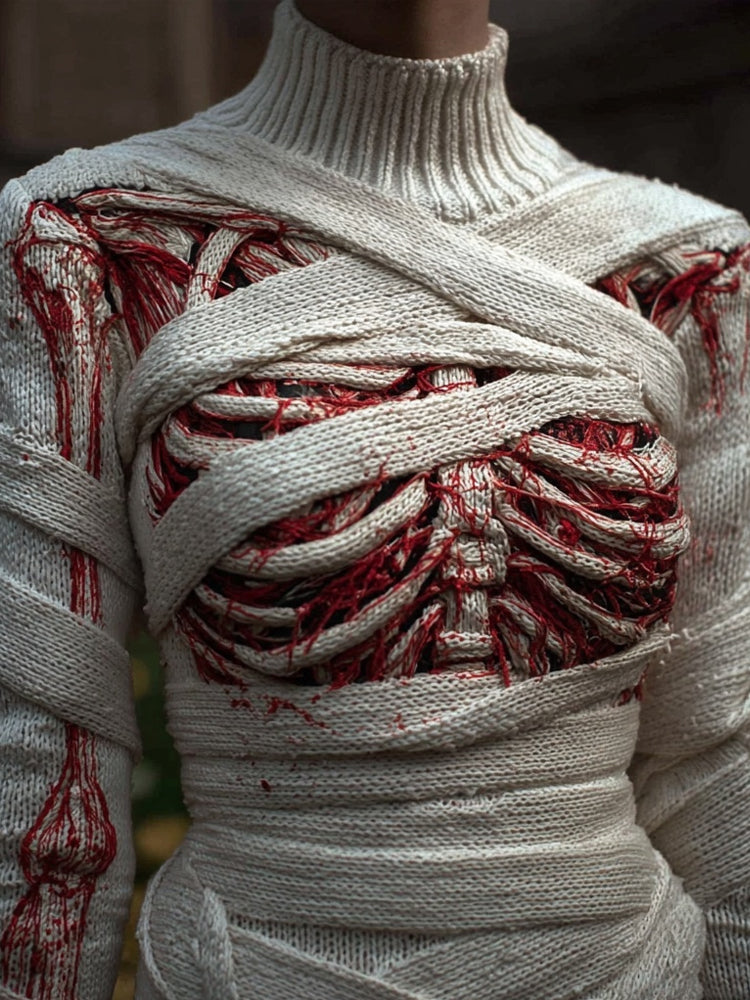 Vintage Halloween Skeleton Bandage Art Cozy Turtleneck Sweater artswardrobe