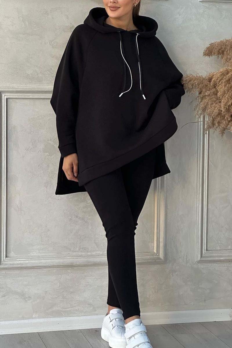 Color Slit Hem Hooded Sweatshirt Sports Suit