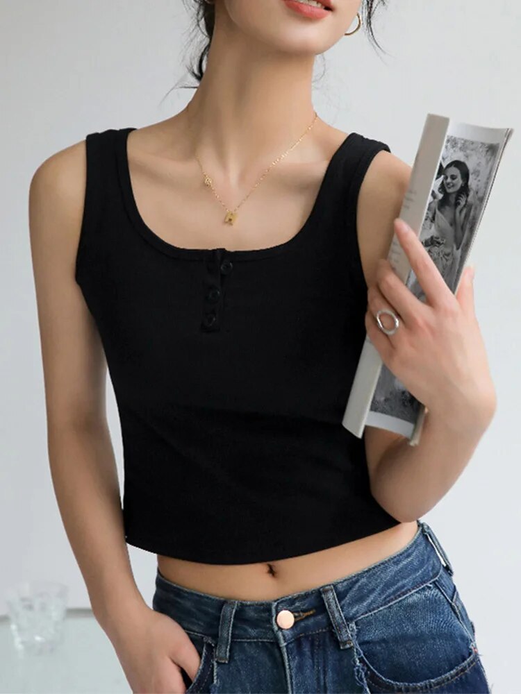 ’s Basic Shirts Summer White Crop Top 3 Buttons Sports Vest Y2k Elastic Rib-knit Sleeveless Tank Top Strap Black
