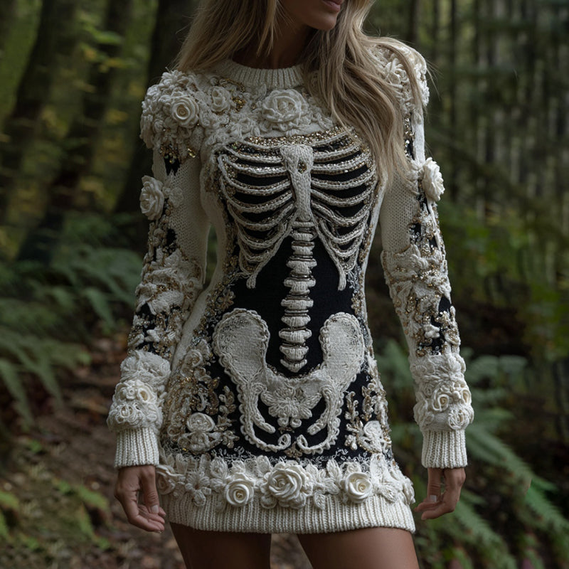 Women's Vintage Halloween Skeleton Bones Rose Art Cozy Knit Mini Sweater Dress artswardrobe