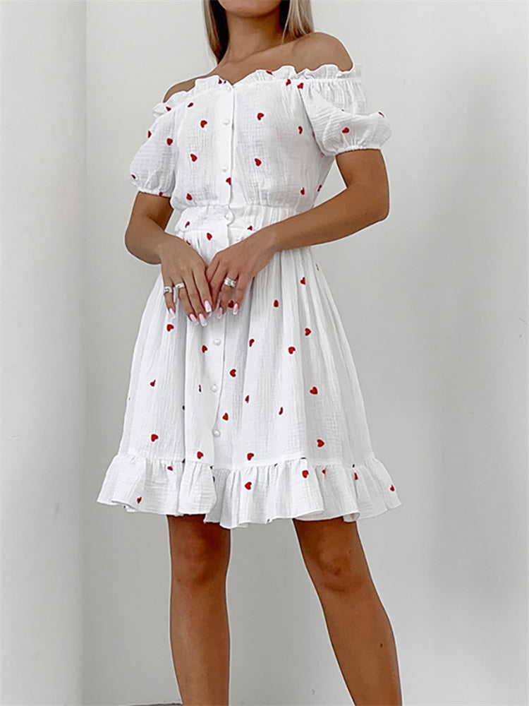 Tossy Ruffled Printed Patchwork Mini Dress for Off-shoulder High Waist Gown Party Dress Summer Dress