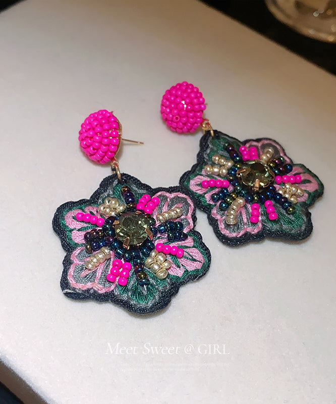 Rose Hand Woven Alloy Beads Embroidery Drop Earrings Gh1023