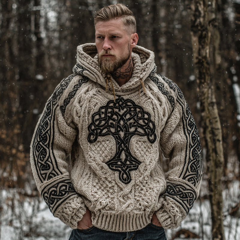 Men's Viking Tree Of Life Art Celtic Knot Jacquard Knitted Hooded Sweater artswardrobe