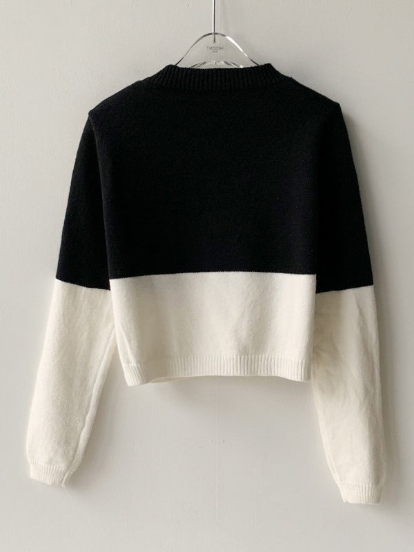 Long Sleeves Buttoned Contrast Color Round-neck Cardigan Tops
