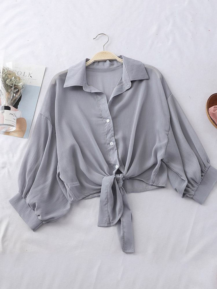 Chiffon Shirts Summer Half Sleeve Buttoned Up Shirt Loose Blouse Tied Waist Blouses for