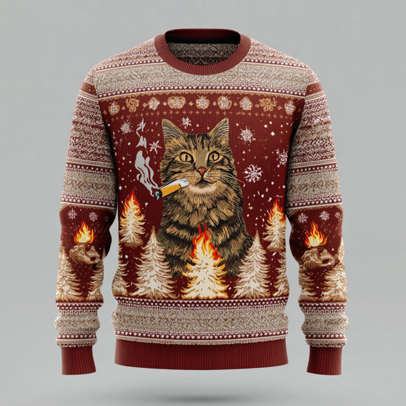 Comstylish Men's Fun Christmas Cat Comfortable Crew Neck Sweater