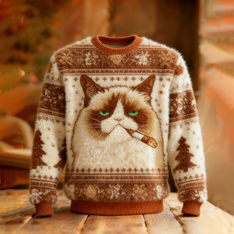 Comstylish Cute And Fun Kitten Pattern Warm Crew Neck Sweater