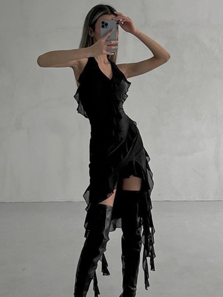 Taruxy Deep V Neck Bodycon Dress Ruffles Drape Asymmetrical High Waist Dresses Beach Holiday Mini Dress