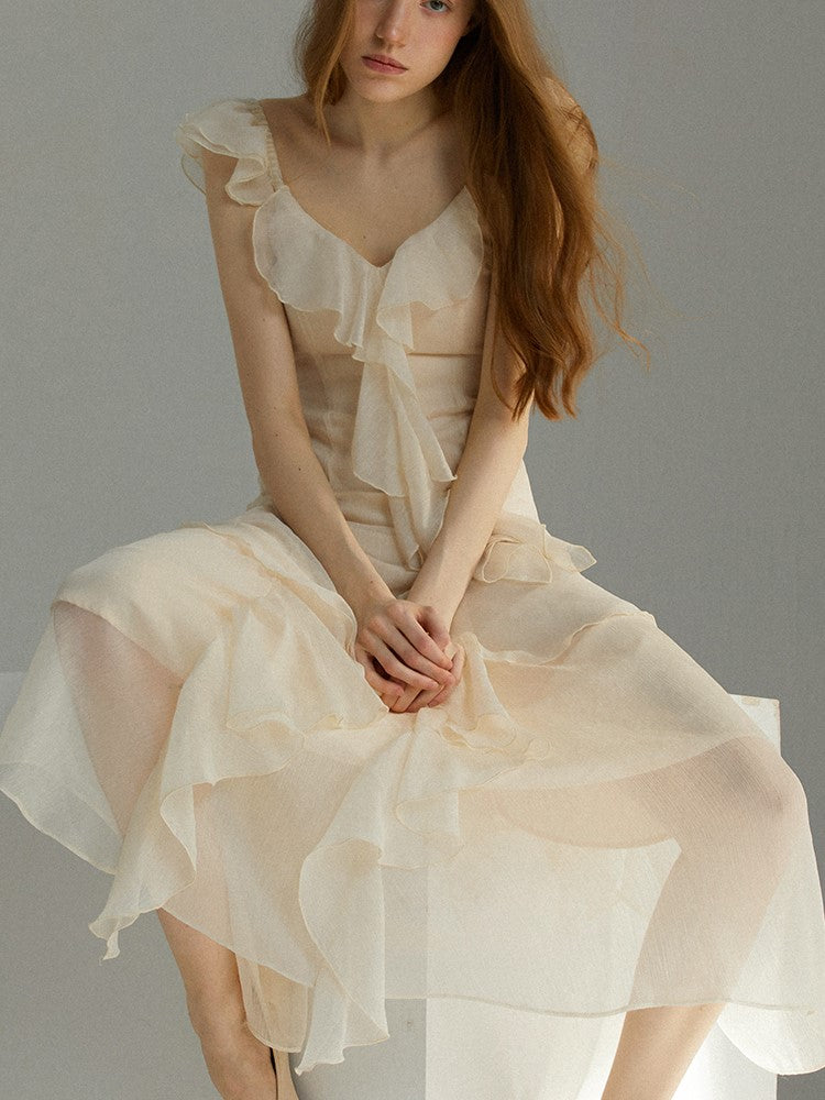 French Ruffles Midi Dress Summer New Sleeveless V-neck Holiday Beach Style A-line Party Prom Robe Vestido Mujer