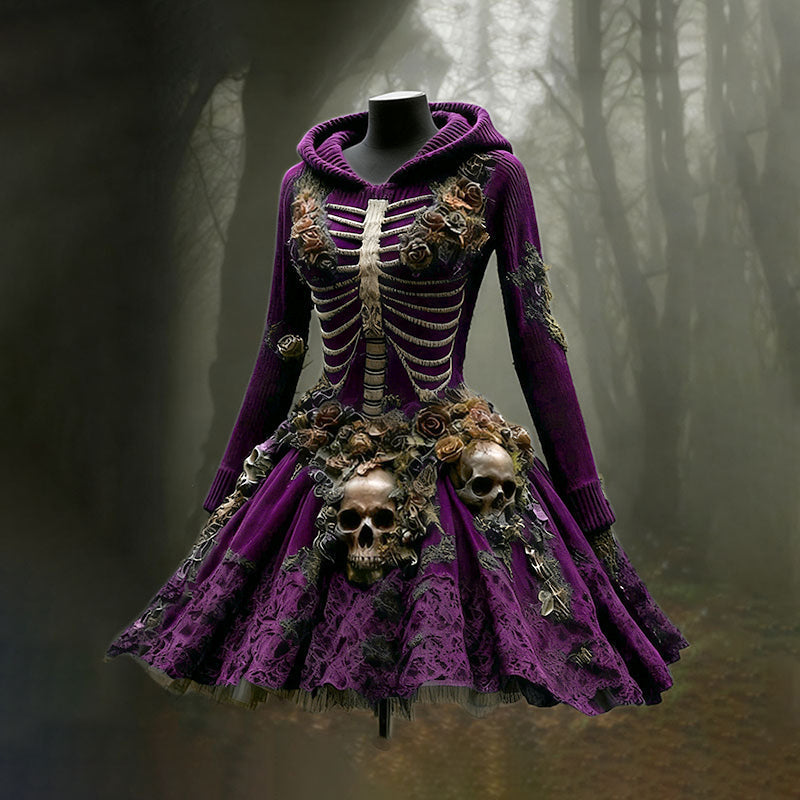 Women's Halloween Skull Flower Moss Witch Sweater Dress artswardrobe