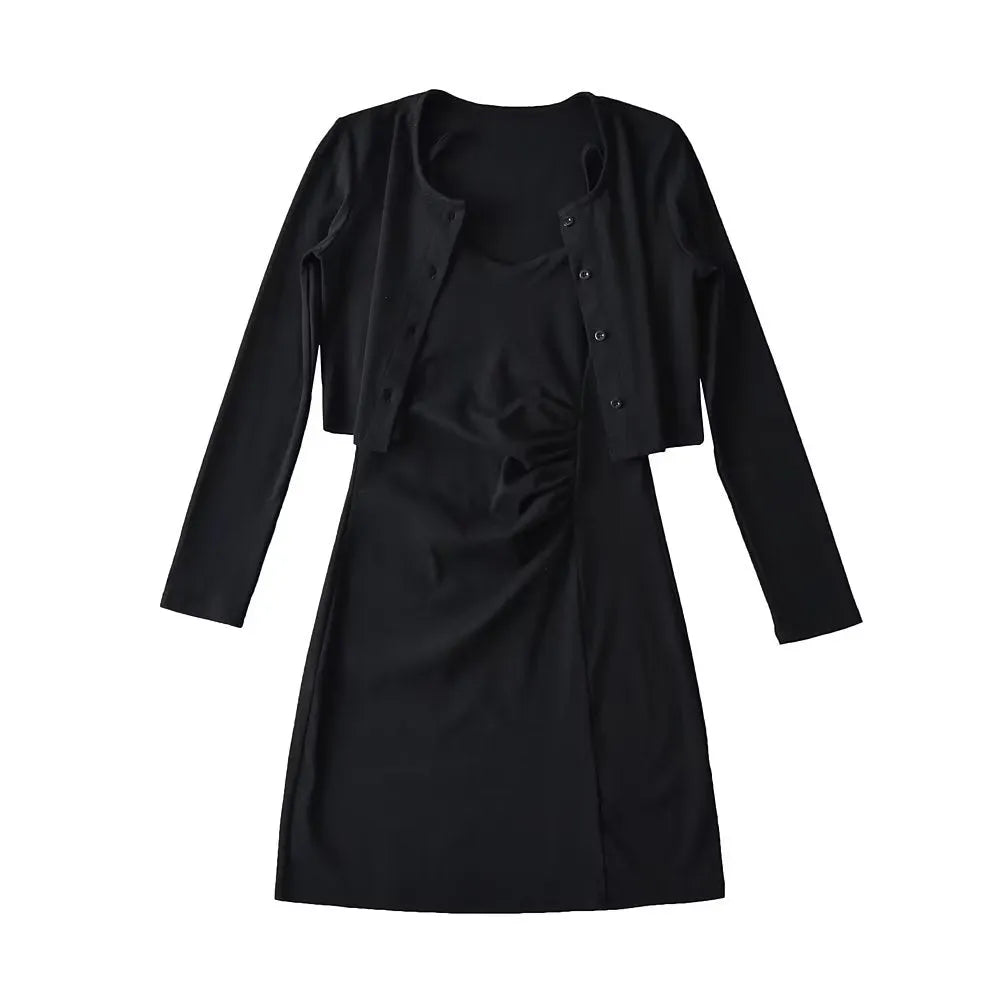 Pure Suit Autumn Winter Short Slim Long Sleeve Cardigan Inner Wear Pleated Cami Dress
