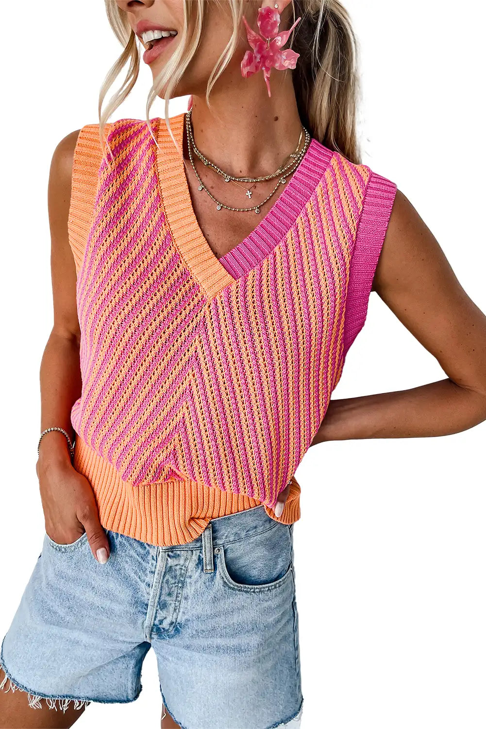 Chevron Pink Knit V Neck Sweater Vest