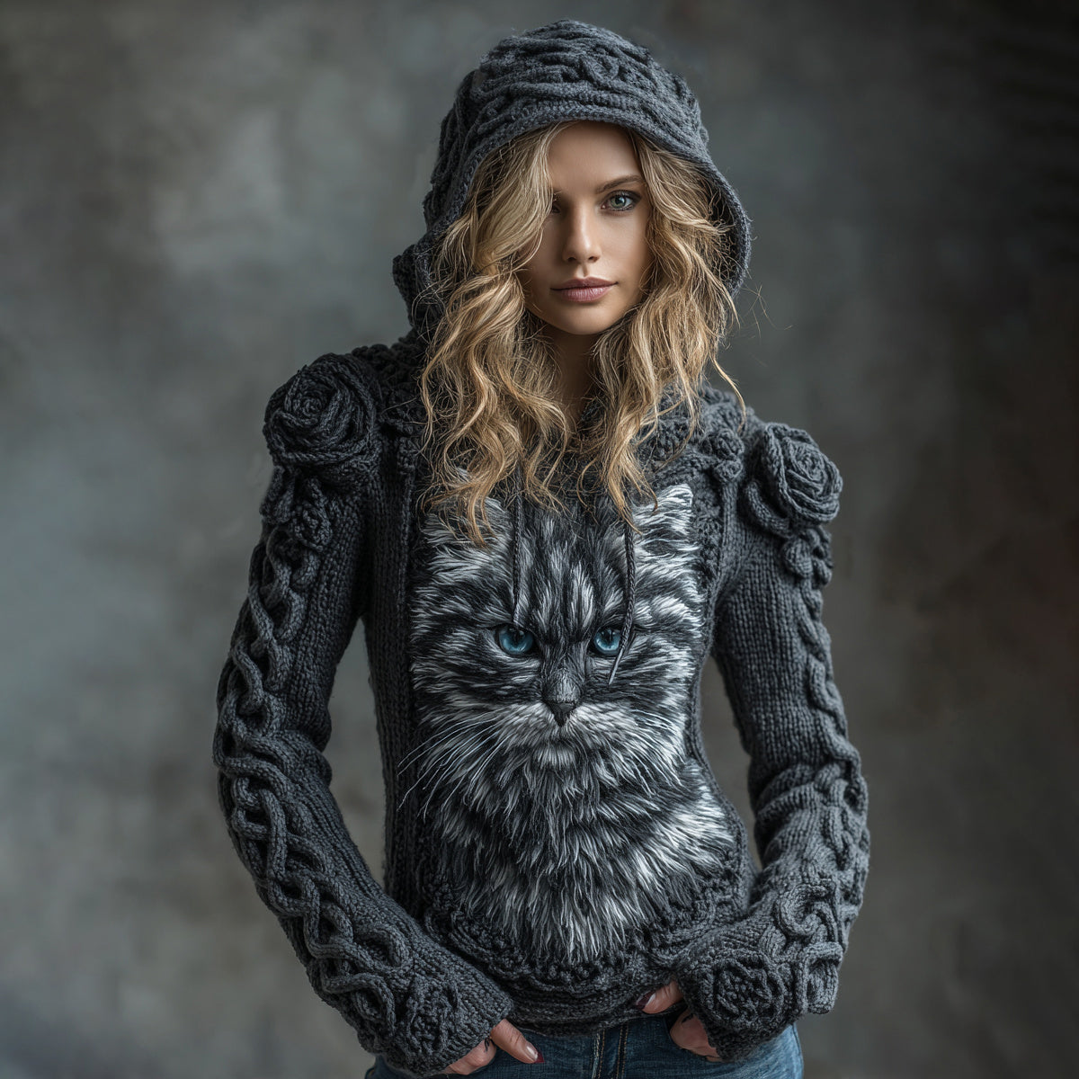 Women's Vintage Cute Cat With Rose Art Knitted Warm Hooded Sweater