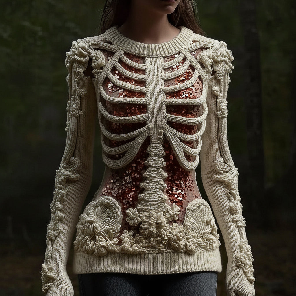 Women's Halloween Skull Sequin Art Knitted Warm Crew Neck Sweater artswardrobe