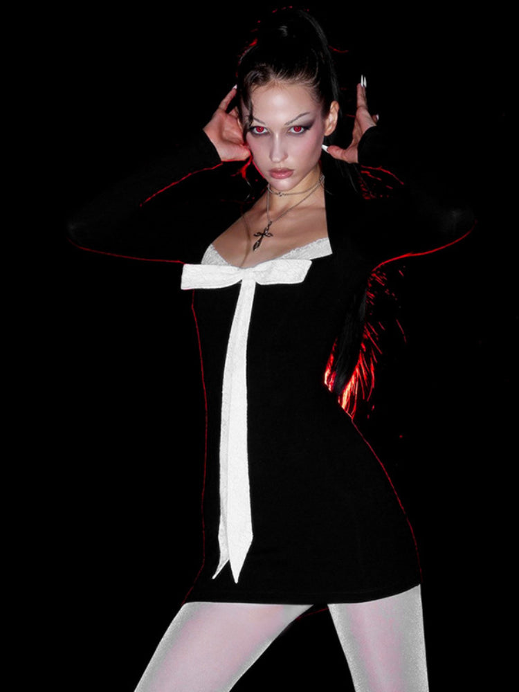 Taruxy Lace Splice Bow Sheath Dresses for Long Sleeve Bodycon High Waist Mini Dress Party Dress Slim Woman